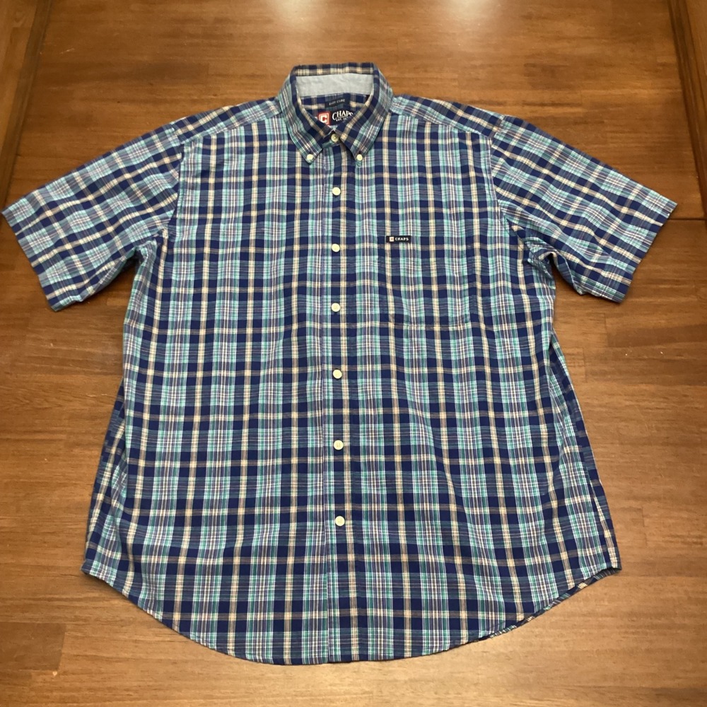 Chaps Mens Large Blue Green Plaid Easy Care Short Sleeve Button Down Shirt L - Picture 6 of 6